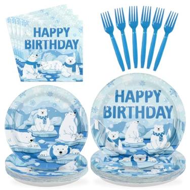 Imagem de 96Pcs Winter Polar Bear Birthday Party Decorations Arctic Polar Animals Plates and Napkins Tableware Sets Winter Party Decorations for Boys Girls Baby Shower Snowflake Theme Party Supplies Serves 24