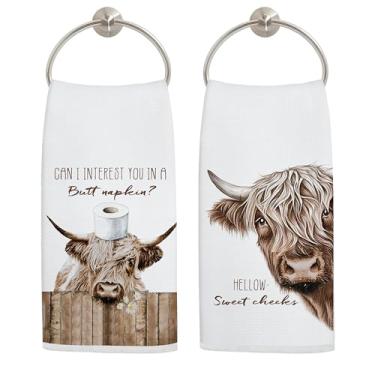 Imagem de LADOCK Hello Sweet Cheeks Toalhas de mão de banheiro de vaca Highland, decoração de banheiro de vaca Highland, toalhas de mão engraçadas de animais de fazenda escoceses para banheiro e banheiro