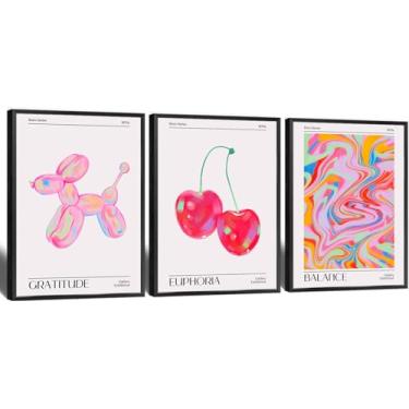 Imagem de Conjunto de 3 arte de parede rosa balão rosa cão e doce como cerejas arte retro energia impressão conjunto de 3 arte moderna gradiente holográfico dormitório lona pôsteres estéticos decoração de