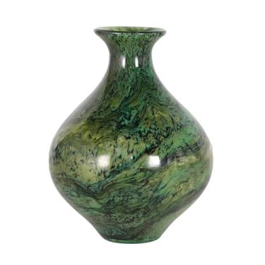 Imagem de Vaso Decorativo em Vidro Murano Verde Esmeralda, Design Marmorizado, 18,5x24,5cm, Estilo Contemporâneo, Base Arredondada, para Decoração de Sala