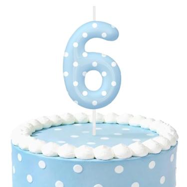 Imagem de Velas de aniversário de bolinhas azuis para bolo, velas número 6, decorações de aniversário, suprimentos de festa, topo de bolo de bolinhas para decoração de festa temática para meninos e meninas