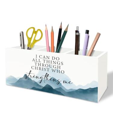 Imagem de TFKFJLF Porta-lápis de madeira inspirador cristão, presentes cristãos positivos para mulheres, versículo bíblico, suporte de caneta religioso, organizador de madeira para casa, dormitório, escritório