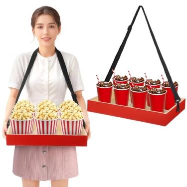 Imagem de Bandeja de lanche de madeira vermelha vintage com alça de ombro ajustável, bandeja de servir portátil para pipoca e bebidas, perfeita para piqueniques e festas