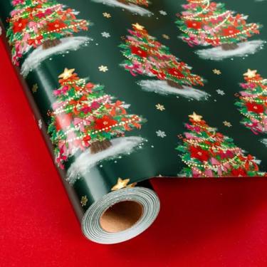 Imagem de Burymento Papel de embrulho de Natal, árvore de Natal verde reversível com design de laço vermelho, papel de embrulho para presente, mini rolo (43 cm x 32,8 pés)