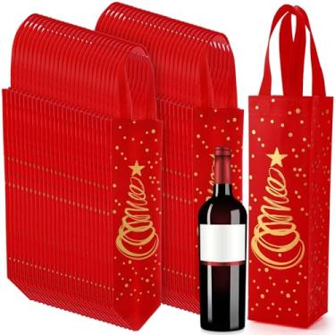Imagem de Wesnoy 50 peças de sacos de presente de garrafa de vinho não tecidos reutilizáveis de Natal a granel 33,6 x 3,5 x 3,9 x 3,9 sacos de presente de garrafa de Natal com alças para festa de Natal (ouro