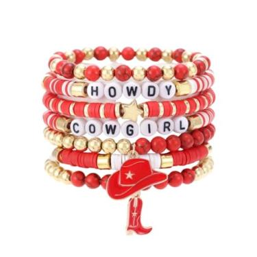 Imagem de Fuqimanman2020 Boho Western Cowgirl Howdy Conjunto de pulseiras com contas empilháveis para mulheres, chapéu country ocidental, bota, berloques, contas de argila de polímero, pulseiras, concerto