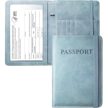 Imagem de Mymazn Combo porta-cartão de passaporte e vacina, carteira de viagem com porta-cartão de vacinação, capa para passaporte com bloqueio RFID, Verde retrô, Minimalista