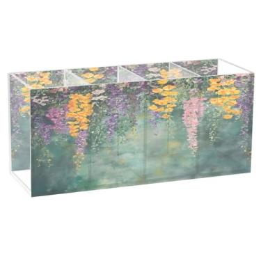 Imagem de SEHANY Porta-canetas de parede vintage de jardim para mesa, 4 compartimentos, porta-lápis de acrílico, organizador de pincéis de maquiagem, organizador de papelaria para escritório, casa