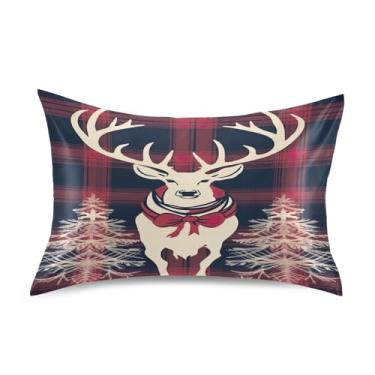 Imagem de Wassud Fronha de cetim para cabelo e pele fundo xadrez com veado (1) fronhas de seda lisa tamanho padrão capas de travesseiro respiráveis com fecho de envelope