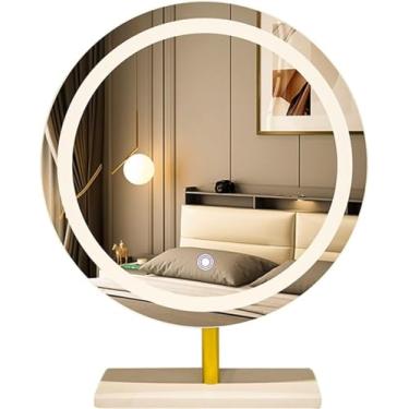 Imagem de Espelho redondo para cosméticos, espelho de maquiagem LED de mesa, interruptor de toque com ajuste de luz de 3 cores, espelho HD, com brilho ajustável, espelho de maquiagem para penteadeira de LED