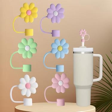 Imagem de 6 peças de cobertura de canudo para copo Stanley, cobertura de palha de silicone para copo Stanley de 30 e 1,134 g com copos, acessórios de tampa de 10 mm 1 cm (flor)