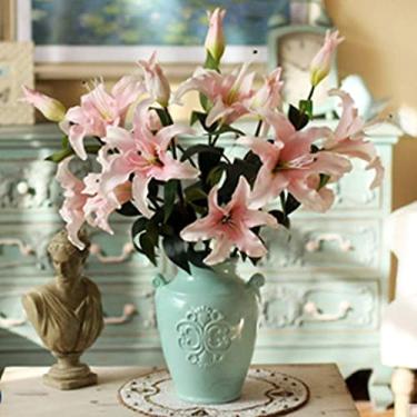 Imagem de Flores de lírio artificiais de cerâmica com vaso 5 peças grandes para fazer um arranjo de flores abundante planta falsa para iluminar sua festa em casa