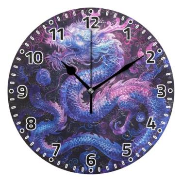 Imagem de WELLDAY Relógio de parede sem tique-taque 25 cm - dragão azul roxo operado por bateria relógio redondo silencioso de quartzo para casa/escritório/cozinha/sala de aula