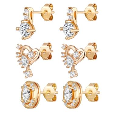 Imagem de VOLUKA Brincos femininos de zircônia cúbica – 3 pares de brincos de pressão 18K hipoalergênicos para orelhas sensíveis, imitação de diamante CZ, Latão, Zircônia cúbica