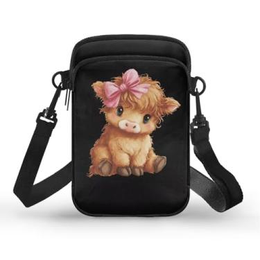 Imagem de CLOHOMIN Bolsa transversal para celular, mini bolsa tiracolo feminina e masculina com bolsos com zíper, Vaca Highland