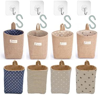 Imagem de Pacote com 4 cestas de pendurar para porta, decoração de cesta de parede pequena, armazenamento de parede suspenso de juta, cestas de parede para plantas, armazenamento de decoração de acampamento Boho para chave, óculos de sol, carteira na porta, com gancho de montagem