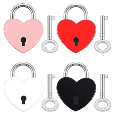 Imagem de 4 peças de mini cadeados de coração multicoloridos, cadeado resistente em forma de coração, conjunto de chaves e fechadura de diário fofo, pequenos fechaduras com chaves para mala, livro diário, caixa