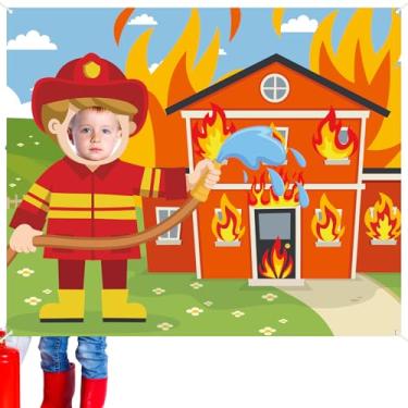 Imagem de Decorações de festa de bombeiro adereço de foto de bombeiro moldura de selfie decorações de aniversário pano de fundo de bombeiro bombeiro caminhão de bombeiro adereços de cabine de fotos banner