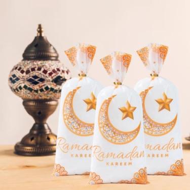 Imagem de 25 peças de sacos de celofane Ramadan Kareem, sacos de guloseimas transparentes com laços torcidos, saco de doces Eid Mubarak para lembrancinhas de festa e decorações de lanches de férias