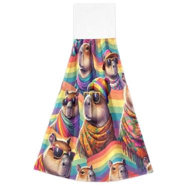 Imagem de Toalhas de mão de outono com laço para pendurar LGBT orgulho mês capivara forno toalhas de chá conjunto de 2, toalha macia absorvente para cozinha banheiro, 46 x 35 centímetros