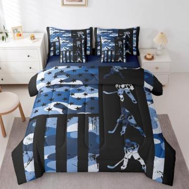 Imagem de Erosebridal Jogo de cama solteiro camuflado azul, camuflagem azul exército, bandeira americana, conjunto de edredom com lençol para meninos, adultos, hóquei no gelo em uma bolsa, moderno, jogos de