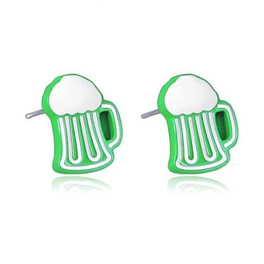 Imagem de Brincos femininos verdes do Dia de São Patrício para mulheres, chapéu de trevo de liga esmaltada, brincos de trevo de cerveja compactos para festivais irlandeses, joias de feriado, brinco de Dia de