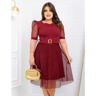 Imagem de Vestido Mídi Manga Princesa tule Poa Forrado Canelado com Cinto no Mei