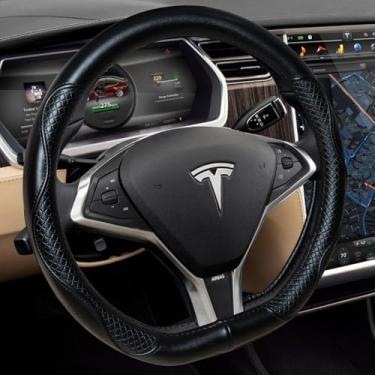 Imagem de Capa de volante eavy Duty Pure Cowhide para Tesla Model 3/Y, capa de volante de couro genuíno com ajuste personalizado para Tesla preta