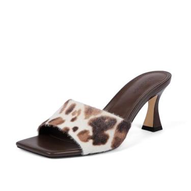 Imagem de Modatope Sandálias femininas de salto aberto, bico quadrado, salto grosso, sem cadarço, sandálias femininas, Estampa de vaca, 40