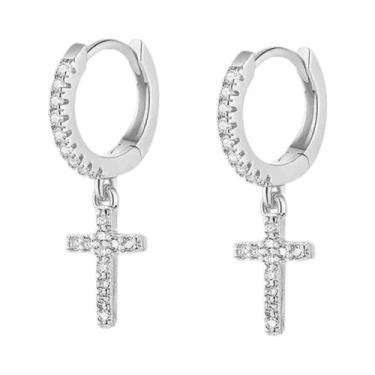 Imagem de Brincos De Argola Com Pingente De Cruz Hiphop Em Ouro Preto E Prata Pa