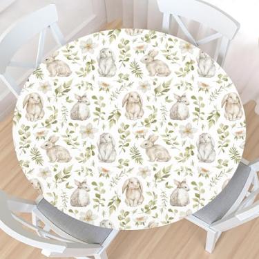 Imagem de Toalha de mesa redonda de Páscoa com borda elástica, impermeável, limpável, coelhinho da primavera, coelho, bege, verde, floral, capa de mesa para casa de fazenda, toalha de mesa elástica de 102 a 111
