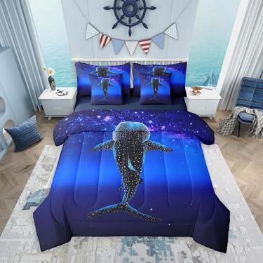 Imagem de Feelyou Conjunto de edredom solteiro com tubarão-baleia para crianças, meninos, meninas, galáxia, oceano, tubarão, 7 peças, azul, roxo, vida marinha em um saco, decoração de quarto marinho, microfibra