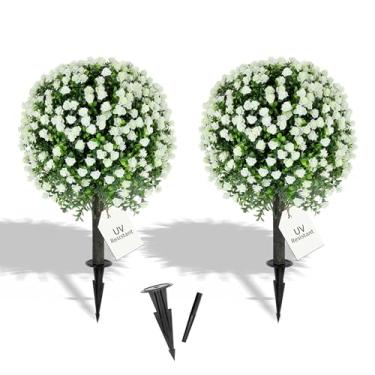 Imagem de LXNRMHCH Conjunto de 2 topiárias de rosas brancas artificiais com espiga, plantas falsas de 69 cm, arbustos de buxo, arbustos sintéticos, resistentes a raios UV, flores para plantadores, portas da