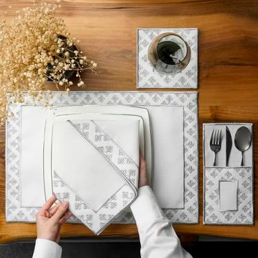 Imagem de Jogo americano bordado com design de rolagem prata, tapetes de mesa de linho branco com borda decorativa, elegante conjunto de roupa de mesa de jantar, jogo americano islâmico, Noor Haritage para 6