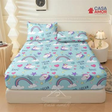 Imagem de Lençol de Elástico Infantil Solteiro, Casal e Queen Estampado Unicórni