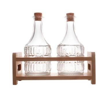 Imagem de Jogo 2 Garrafas Azeite e Vinagre Com Suporte de Madeira Lyor