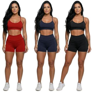 Imagem de KIT 3 Conjunto Top Alça Fina Sem Bojo e Short Suplex Vekyo Treino Academia Moda Fitness Musculação-Feminino