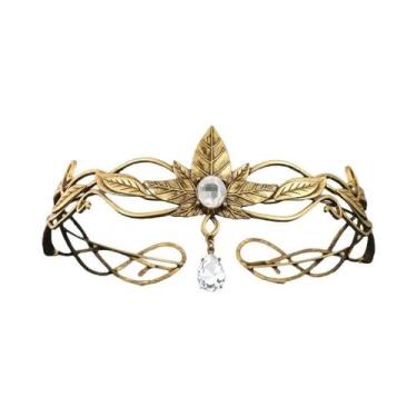 Imagem de Tiara Vintage Dourada Com Coroa De Cristal E Folhas, Acessório De Cabe