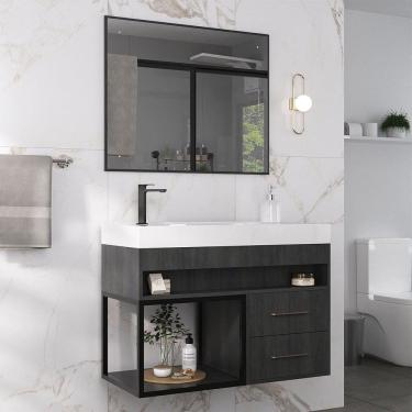 Imagem de Armário de Banheiro New 80 Cm 2 Gavetas 100% Mdf com Espelho Carbono - Belizze Móveis
