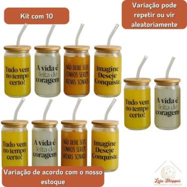 Imagem de Kit 10 Copos de Café com Tampa de Bambú C/ Canudo de Vidro 470ml Frase