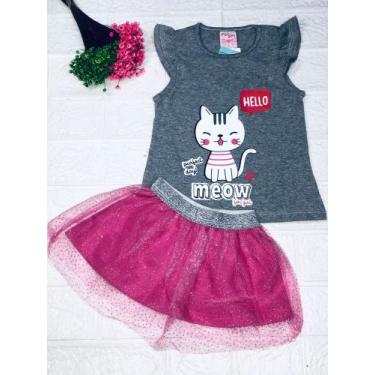 Imagem de Conjunto infatil feminino Meow  blusa cinza + shot saia rosa - Dino