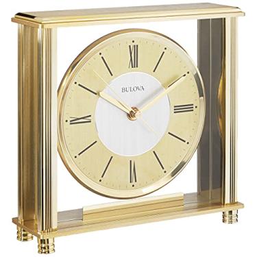 Imagem de Bulova Relógio de mesa B1700 Grand Prix | Acabamento em metal de latão | Caixa de vidro com mostrador de metal em dois tons | Varredura silenciosa | Relógio de mesa elegante para escritórios e