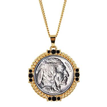 Imagem de Pingente de colar de prata dourada com medalhão de níquel buffalo da American Coin Treasures com pedras de vidro de jato arredondadas facetadas | Medalhão de níquel de búfalo com corrente