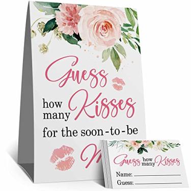 Imagem de Placa de jogo How Many Kisses Bridal Shower Game Sign, Pink Floral, Quantos Beijos para o Jogo Sra. Bridal Shower (1 sinal + 50 cartas)