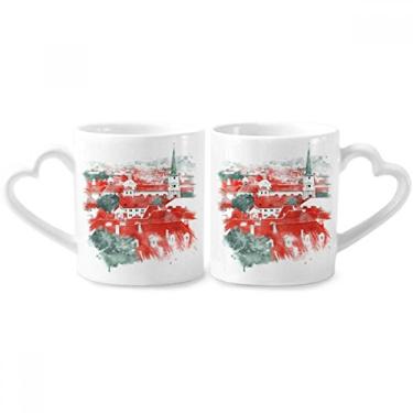 Imagem de Conjunto de canecas de porcelana para casais com pintura de construção da Rússia com alça de coração de cerâmica