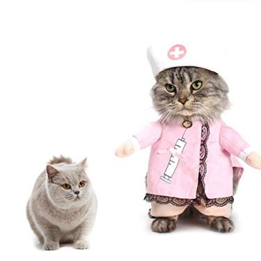 Imagem de Yu-Xiang Roupa de enfermeira rosa para animais de estimação grande para cães e gatos, roupas para cosplay de cães, roupas para gatos e enfermeiras, casaco em pé para festa de Halloween (G)