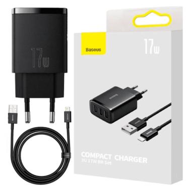 Imagem de Carregador Triplo USB 17W Compact Charger e Cabo Lightning Preto Ycell