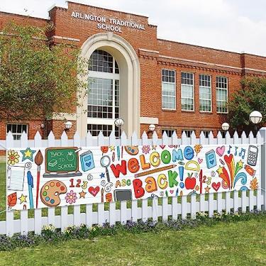 Imagem de Probsin Faixa Welcome Back to School 304,8 cm x 50,8 cm Placa de quintal Suprimentos de Festa Decoração de Sala de Aula Letras Apple Primeiro Dia de Escola Estudantes Professores Pano de Fundo