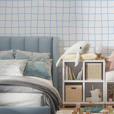 Imagem de Papel de Parede Adesivo Infantil Xadrez Quadriculado Azul Claro 2,7m -