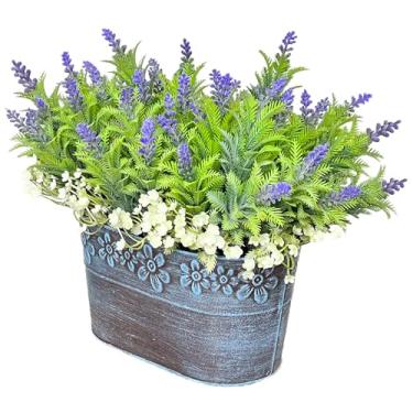 Imagem de Arranjo de flores artificiais lavanda em vaso de metal retangular rústico, peça central de mesa de lavanda falsa pré-envasada para presentes, casa de fazenda, casamento, cozinha, peitoril da janela,